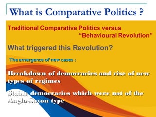 What is Comparative Politics ?
Traditional Comparative Politics versus
“Behavioural Revolution”
What triggered this Revolution?
The emergence of new casesThe emergence of new cases ::
Breakdown of democracies and rise of newBreakdown of democracies and rise of new
types of regimestypes of regimes
Stable democracies which were not of theStable democracies which were not of the
Anglo-Saxon typeAnglo-Saxon type
 
