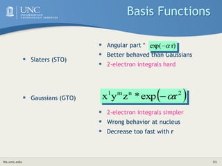 its.unc.edu 31
Basis Functions
 Slaters (STO)
 Gaussians (GTO)
 Angular part *
 Better behaved than Gaussians
 2-electron integrals hard
 2-electron integrals simpler
 Wrong behavior at nucleus
 Decrease too fast with r
r)
exp( 

 
2
n
m
l
r
exp
*
z
y
x 

 