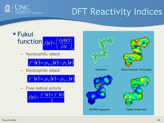 its.unc.edu 64
DFT Reactivity Indices
 Fukui
function    











N
f
r
r
– Nucleophilic attack
     
r
r
r N
N
f 
 
 

1
– Electrophilic attack
     
r
r
r 1



 N
N
f 

– Free radical activity
     
2
r
r
r




f
f
f
 