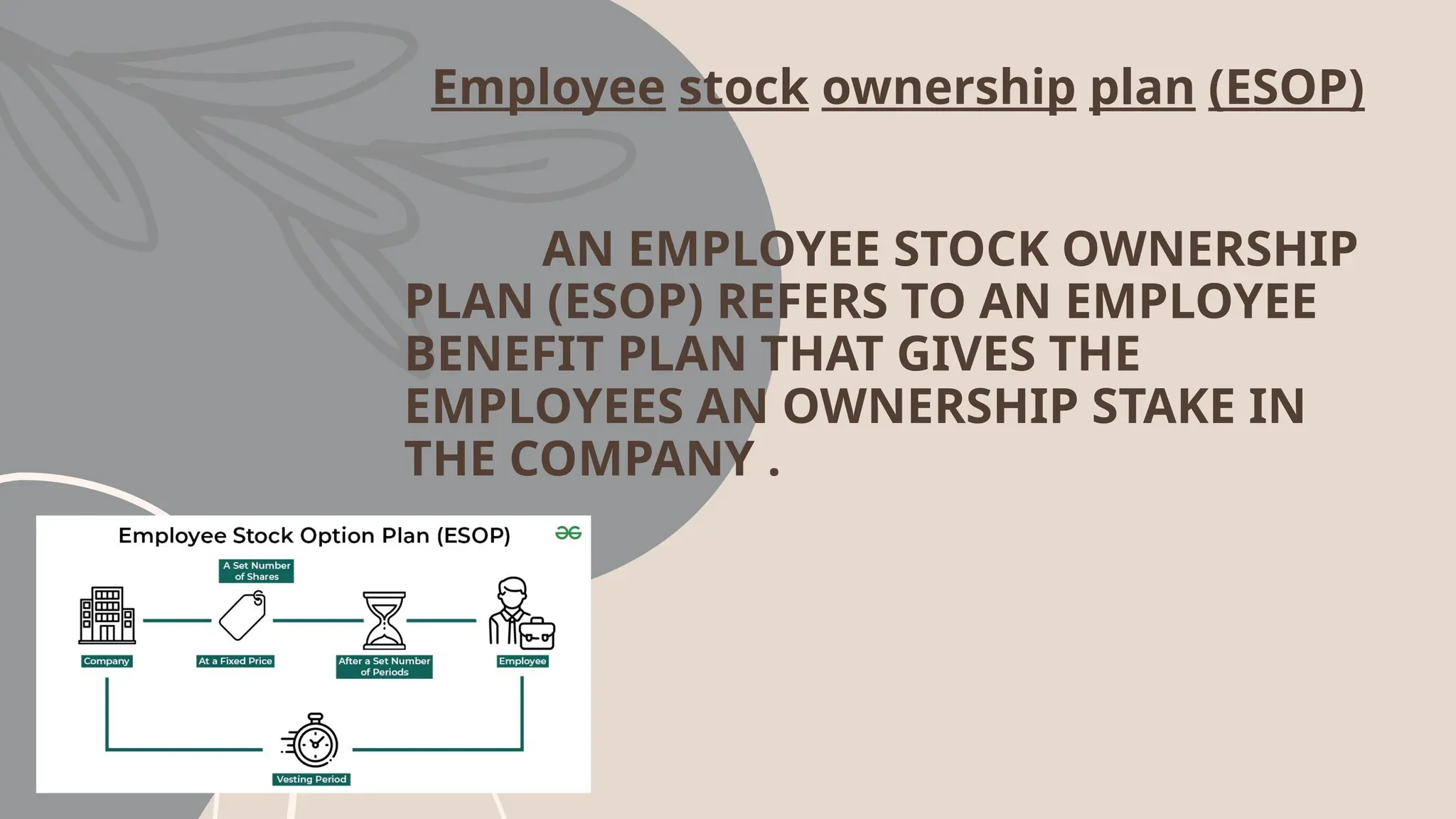 Employee stock ownership plan (ESOP)
AN EMPLOYEE STOCK OWNERSHIP
PLAN (ESOP) REFERS TO AN EMPLOYEE
BENEFIT PLAN THAT GIVES THE
EMPLOYEES AN OWNERSHIP STAKE IN
THE COMPANY .
 