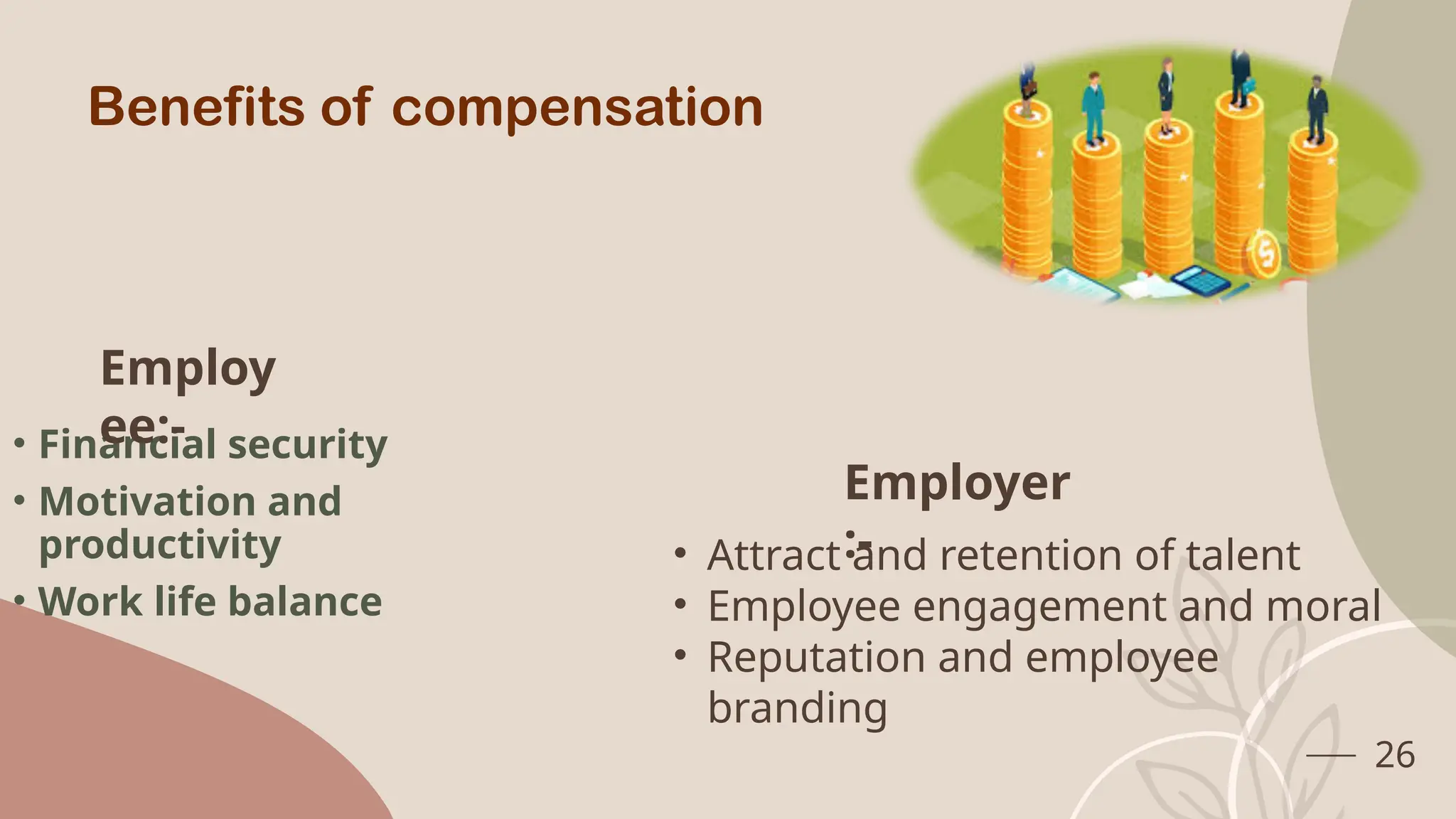 Benefits of compensation
• Financial security
• Motivation and
productivity
• Work life balance
26
Employ
ee:-
Employer
:-
• Attract and retention of talent
• Employee engagement and moral
• Reputation and employee
branding
 