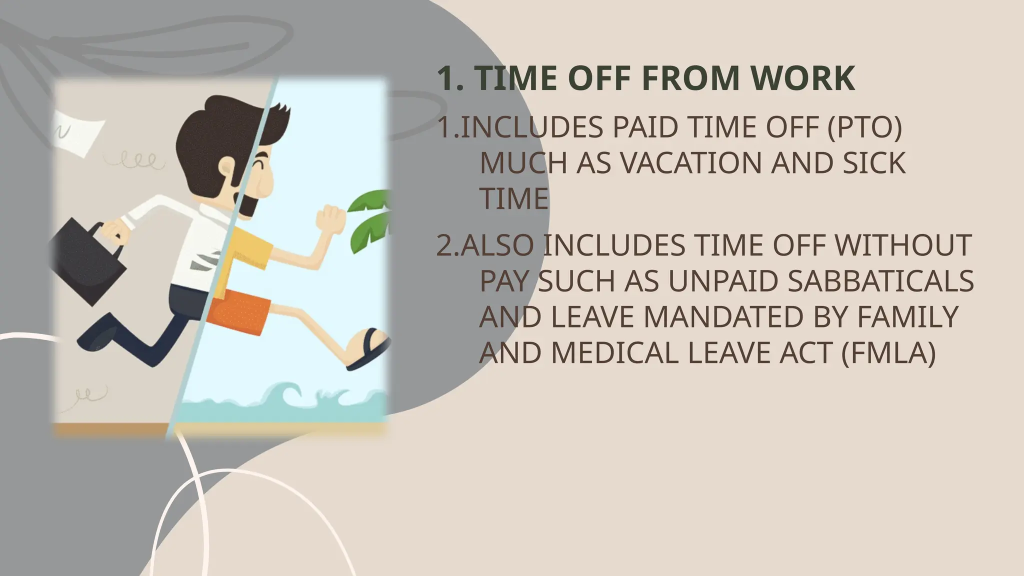1. TIME OFF FROM WORK
1.INCLUDES PAID TIME OFF (PTO)
MUCH AS VACATION AND SICK
TIME
2.ALSO INCLUDES TIME OFF WITHOUT
PAY SUCH AS UNPAID SABBATICALS
AND LEAVE MANDATED BY FAMILY
AND MEDICAL LEAVE ACT (FMLA)
 