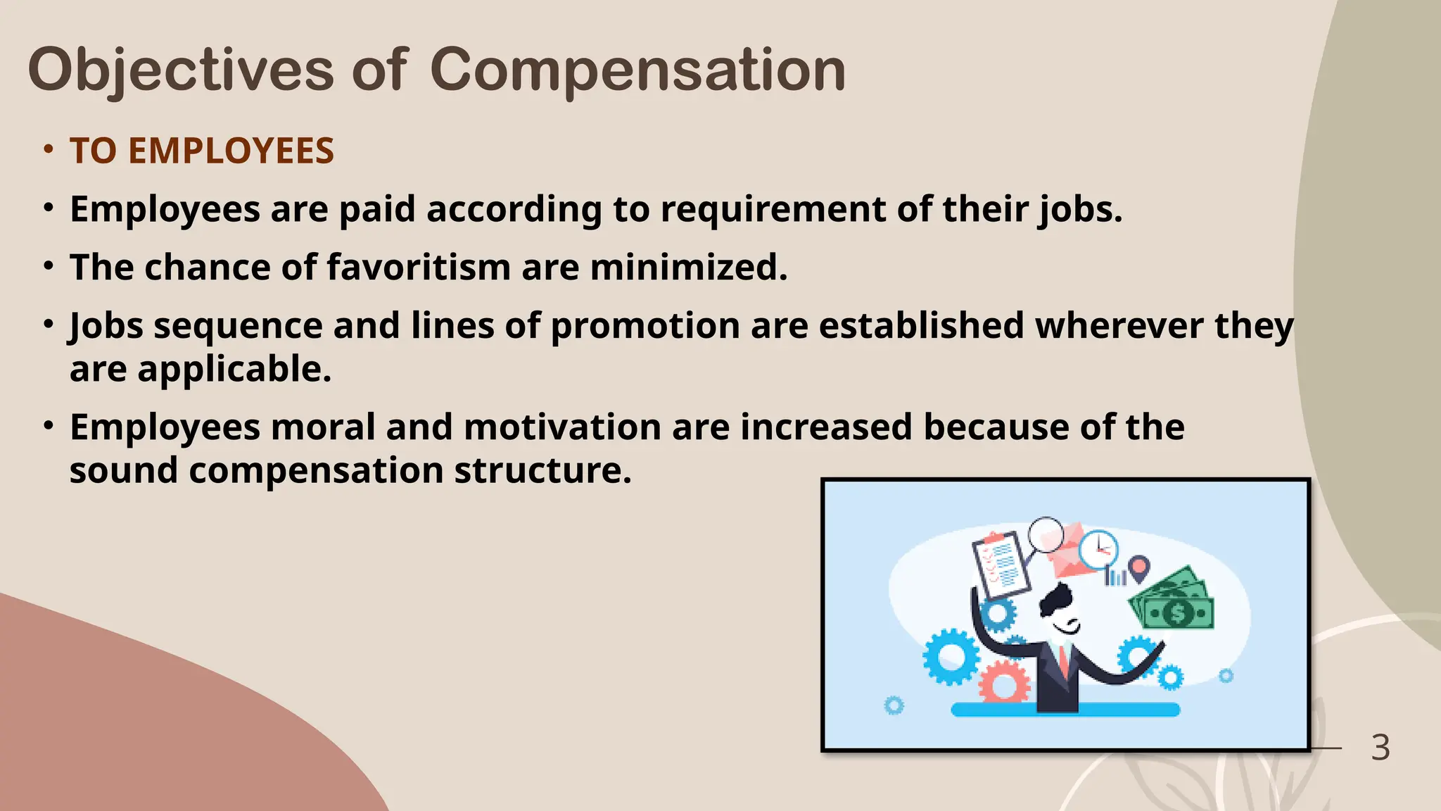 3
Objectives of Compensation
• TO EMPLOYEES
• Employees are paid according to requirement of their jobs.
• The chance of favoritism are minimized.
• Jobs sequence and lines of promotion are established wherever they
are applicable.
• Employees moral and motivation are increased because of the
sound compensation structure.
 