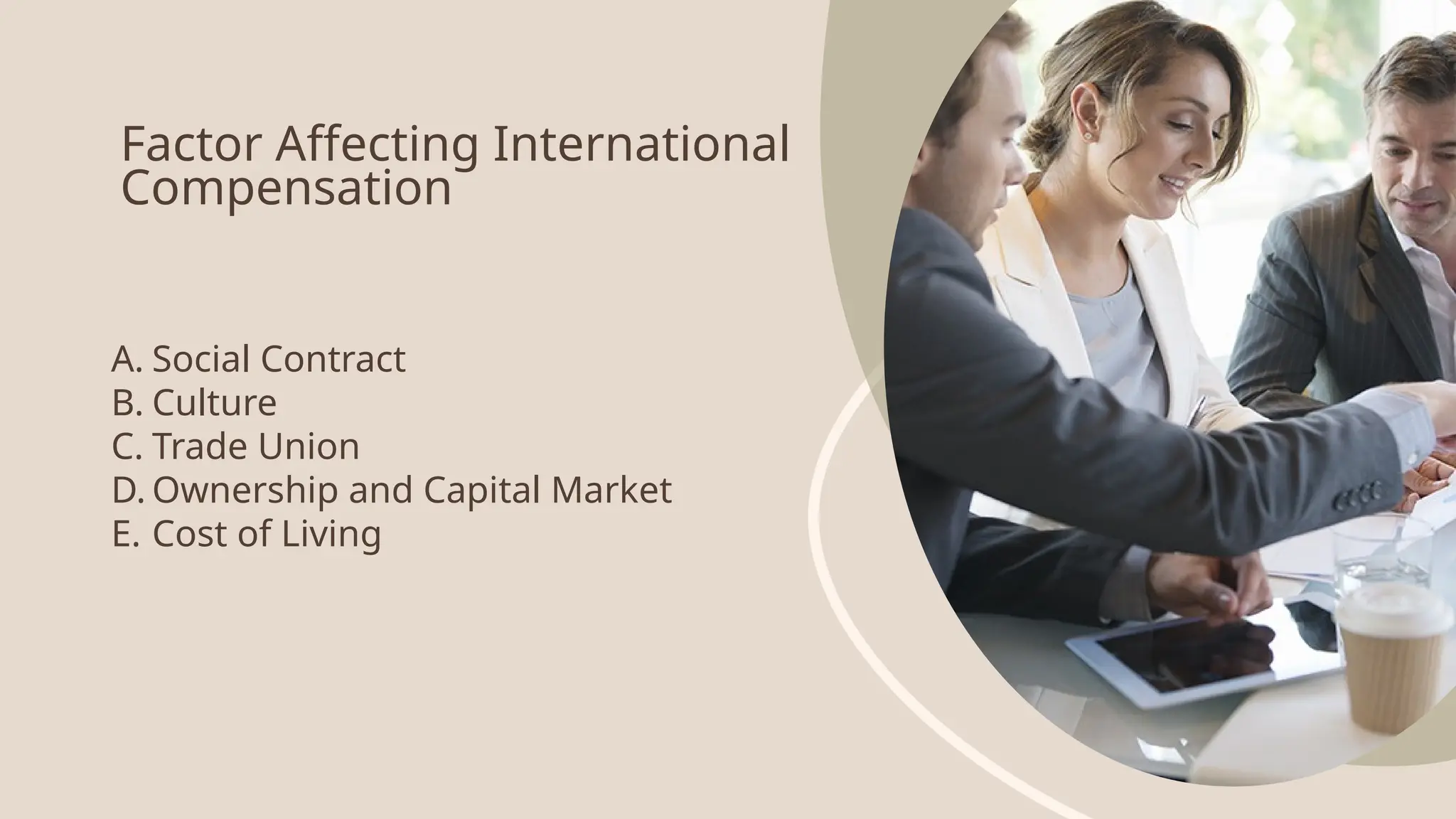 Factor Affecting International
Compensation
A. Social Contract
B. Culture
C. Trade Union
D. Ownership and Capital Market
E. Cost of Living
 