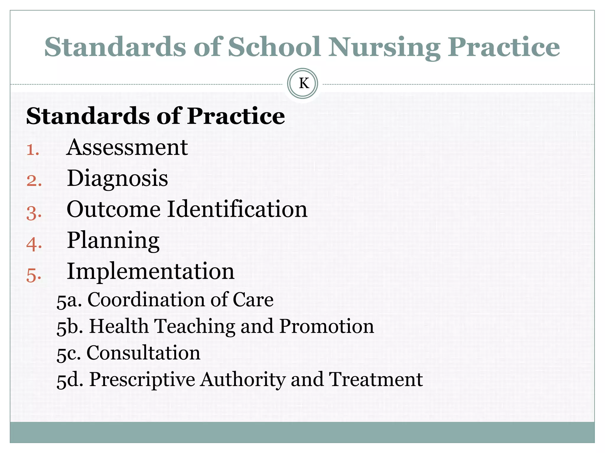 Standards of School Nursing Practice
Standards of Practice
1. Assessment
2. Diagnosis
3. Outcome Identification
4. Planning
5. Implementation
5a. Coordination of Care
5b. Health Teaching and Promotion
5c. Consultation
5d. Prescriptive Authority and Treatment
K
 