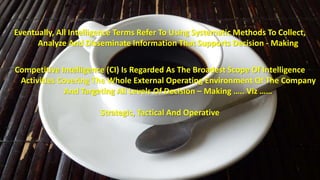 Eventually, All Intelligence Terms Refer To Using Systematic Methods To Collect, 
Analyze And Disseminate Information That Supports Decision - Making 
Competitive Intelligence (CI) Is Regarded As The Broadest Scope Of Intelligence 
Activities Covering The Whole External Operating Environment Of The Company 
And Targeting All Levels Of Decision – Making ….. Viz …… 
Strategic, Tactical And Operative 
 