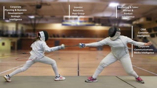 Investor 
Relations: 
Peer Group 
Intelligence 
CRM 
Marketing & Sales: 
Customer 
Intelligence 
Corporate 
Market & 
Product 
Intelligence 
Communications: 
Media Intelligence 
Corporate 
Planning & Business 
Development: 
Strategic 
Intelligence 
 