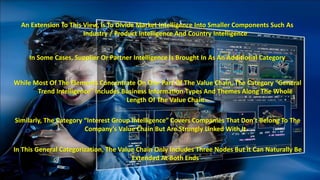An Extension To This View, Is To Divide Market Intelligence Into Smaller Components Such As 
Industry / Product Intelligence And Country Intelligence 
In Some Cases, Supplier Or Partner Intelligence Is Brought In As An Additional Category 
While Most Of The Elements Concentrate On One Part Of The Value Chain, The Category “General 
Trend Intelligence” Includes Business Information Types And Themes Along The Whole 
Length Of The Value Chain 
Similarly, The Category “Interest Group Intelligence” Covers Companies That Don’t Belong To The 
Company’s Value Chain But Are Strongly Linked With It 
In This General Categorization, The Value Chain Only Includes Three Nodes But It Can Naturally Be 
Extended At Both Ends 
 