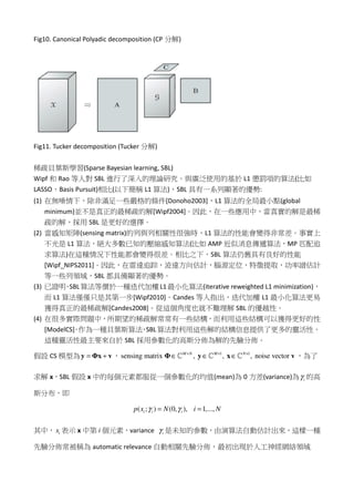 Fig10. Canonical Polyadic decomposition (CP 分解)
Fig11. Tucker decomposition (Tucker 分解)
稀疏貝葉斯學習(Sparse Bayesian learning, SBL)
Wipf 和 Rao 等人對 SBL 進行了深入的理論研究。與廣泛使用的基於 L1 懲罰項的算法(比如
LASSO，Basis Pursuit)相比(以下簡稱 L1 算法)，SBL 具有一系列顯著的優勢:
(1) 在無噪情下，除非滿足一些嚴格的條件[Donoho2003]，L1 算法的全局最小點(global
minimum)並不是真正的最稀疏的解[Wipf2004]。因此，在一些應用中，當真實的解是最稀
疏的解，採用 SBL 是更好的選擇。
(2) 當感知矩陣(sensing matrix)的列與列相關性很強時，L1 算法的性能會變得非常差。事實上
不光是 L1 算法，絕大多數已知的壓縮感知算法(比如 AMP 近似消息傳遞算法，MP 匹配追
求算法)在這種情況下性能都會變得很差。相比之下，SBL 算法仍舊具有良好的性能
[Wipf_NIPS2011]。因此，在雷達追踪，波達方向估計，腦源定位，特徵提取，功率譜估計
等一些列領域，SBL 都具備顯著的優勢。
(3) 已證明，SBL算法等價於一種迭代加權L1最小化算法(iterative reweighted L1 minimization)，
而 L1 算法僅僅只是其第一步[Wipf2010]。Candes 等人指出，迭代加權 L1 最小化算法更易
獲得真正的最稀疏解[Candes2008]。從這個角度也就不難理解 SBL 的優越性。
(4) 在很多實際問題中，所期望的稀疏解常常有一些結構，而利用這些結構可以獲得更好的性
[ModelCS]。作為一種貝葉斯算法，SBL算法對利用這些解的結構信息提供了更多的靈活性。
這種靈活性最主要來自於 SBL 採用參數化的高斯分佈為解的先驗分佈。
假設 CS 模型為 = +y Φx v， 1 1
sensing matrix , , , noise vectorM N M N× × ×
∈ ∈ ∈Φ y x vℂ ℂ ℂ ，為了
求解 x，SBL 假設 x 中的每個元素都服從一個參數化的均值(mean)為 0 方差(variance)為 iγ 的高
斯分布，即
( ; ) (0, ), 1,...,i i ip x N i Nγ γ= =
其中， ix 表示 x 中第 i 個元素，variance iγ 是未知的參數，由演算法自動估計出來，這樣一種
先驗分佈常被稱為 automatic relevance 自動相關先驗分佈，最初出現於人工神經網絡領域
 