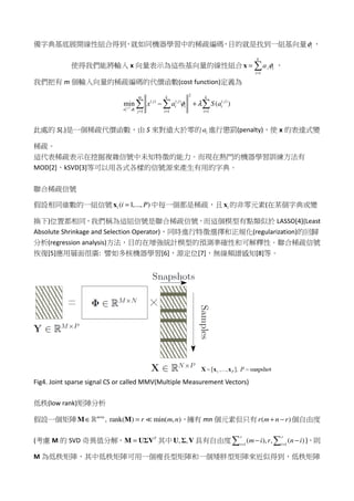備字典基底展開線性組合得到，就如同機器學習中的稀疏編碼，目的就是找到一組基向量 iφ ，
使得我們能將輸入 x 向量表示為這些基向量的線性組合
1
k
i i
i
a φ
=
= x ，
我們把有 m 個輸入向量的稀疏編碼的代價函數(cost function)定義為
( )
2
( ) ( ) ( )
,
1 1 1
min ( )j
i i
m k k
j j j
i i i
a
j i i
x a S a
φ
φ λ
= = =
− +  
此處的 S(.)是一個稀疏代價函數，由 S 來對遠大於零的 ia 進行懲罰(penalty)，使 x 的表達式變
稀疏。
這代表稀疏表示在挖掘複雜信號中未知特徵的能力。而現在熱門的機器學習訓練方法有
MOD[2]，kSVD[3]等可以用各式各樣的信號源來產生有用的字典。
聯合稀疏信號
假設相同維數的一組信號 ( 1,..., )i i P=x 中每一個都是稀疏，且 ix 的非零元素(在某個字典或變
換下)位置都相同，我們稱為這組信號是聯合稀疏信號，而這個模型有點類似於 LASSO[4](Least
Absolute Shrinkage and Selection Operator)，同時進行特徵選擇和正規化(regularization)的回歸
分析(regression analysis)方法，目的在增強統計模型的預測準確性和可解釋性。聯合稀疏信號
恢復[5]應用層面很廣: 譬如多核機器學習[6]，源定位[7]，無線頻譜感知[8]等。
Fig4. Joint sparse signal CS or called MMV(Multiple Measurement Vectors)
低秩(low rank)矩陣分析
假設一個矩陣 , rank( ) min( , )m n
r m n×
∈ =M Mℝ ≪ ，擁有 mn 個元素但只有 ( )r m n r+ − 個自由度
(考慮 M 的 SVD 奇異值分解， T
=M UΣV 其中 , ,U Σ V 具有自由度 1 1
( ), , ( )
r r
i i
m i r n i= =
− −  )，則
M 為低秩矩陣，其中低秩矩陣可用一個瘦長型矩陣和一個矮胖型矩陣來近似得到，低秩矩陣
 