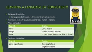 LEARNING A LANGUAGE BY COMPUTER!!!
 Language translation
 Language can be translated with more or less required meaning
 Computer does not is cultureless and lacks human emotions
 Word translation
 Sentence translation
Spanish English
Amor Love, Passion
Amigo Friend, Buddy, Comrade
Casa House, Home, Household, Place, Hostel
Spanish English
perro sigue hueso Bone dog follows
Dog follows bone
 