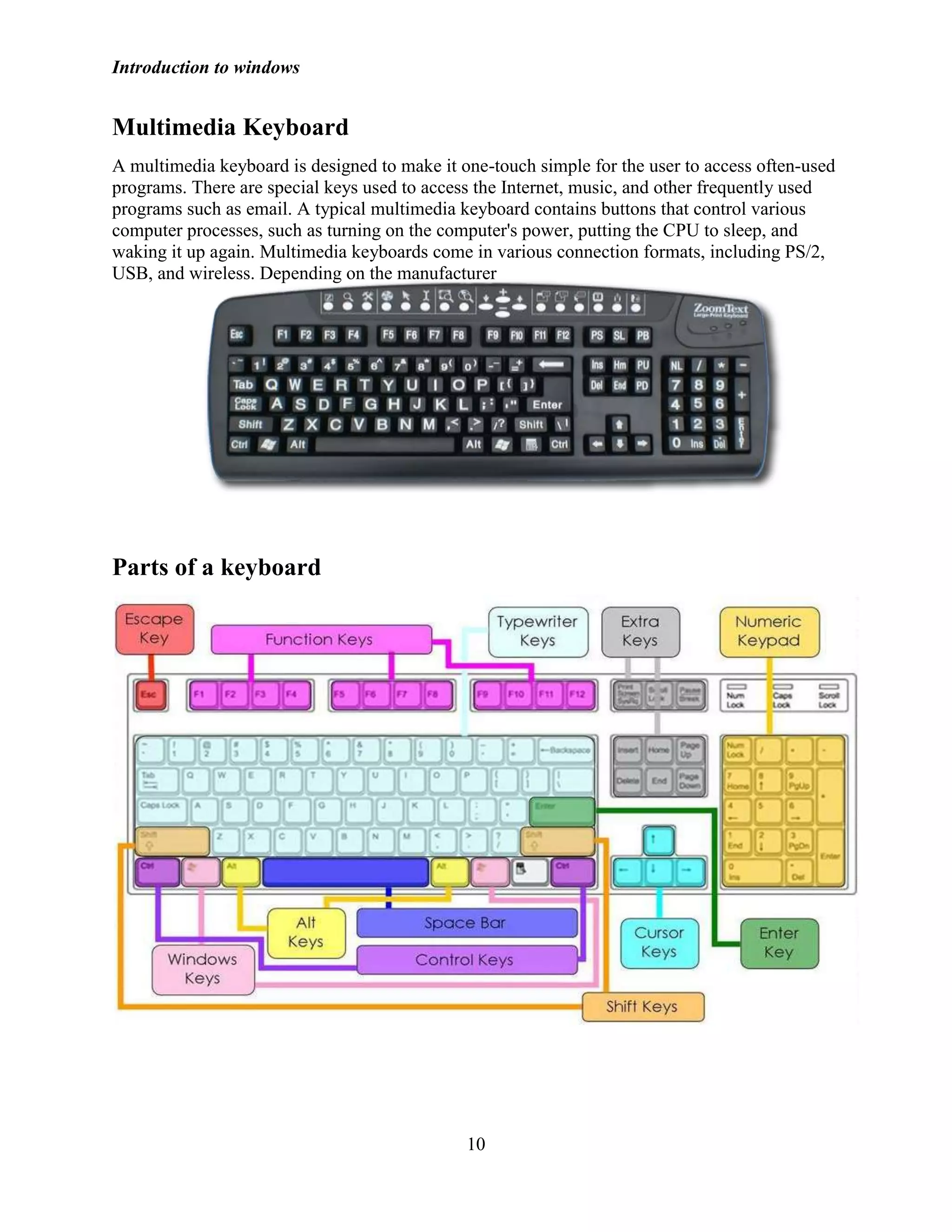 Introduction to windows
10
Multimedia Keyboard
A multimedia keyboard is designed to make it one-touch simple for the user to access often-used
programs. There are special keys used to access the Internet, music, and other frequently used
programs such as email. A typical multimedia keyboard contains buttons that control various
computer processes, such as turning on the computer's power, putting the CPU to sleep, and
waking it up again. Multimedia keyboards come in various connection formats, including PS/2,
USB, and wireless. Depending on the manufacturer
Parts of a keyboard
 