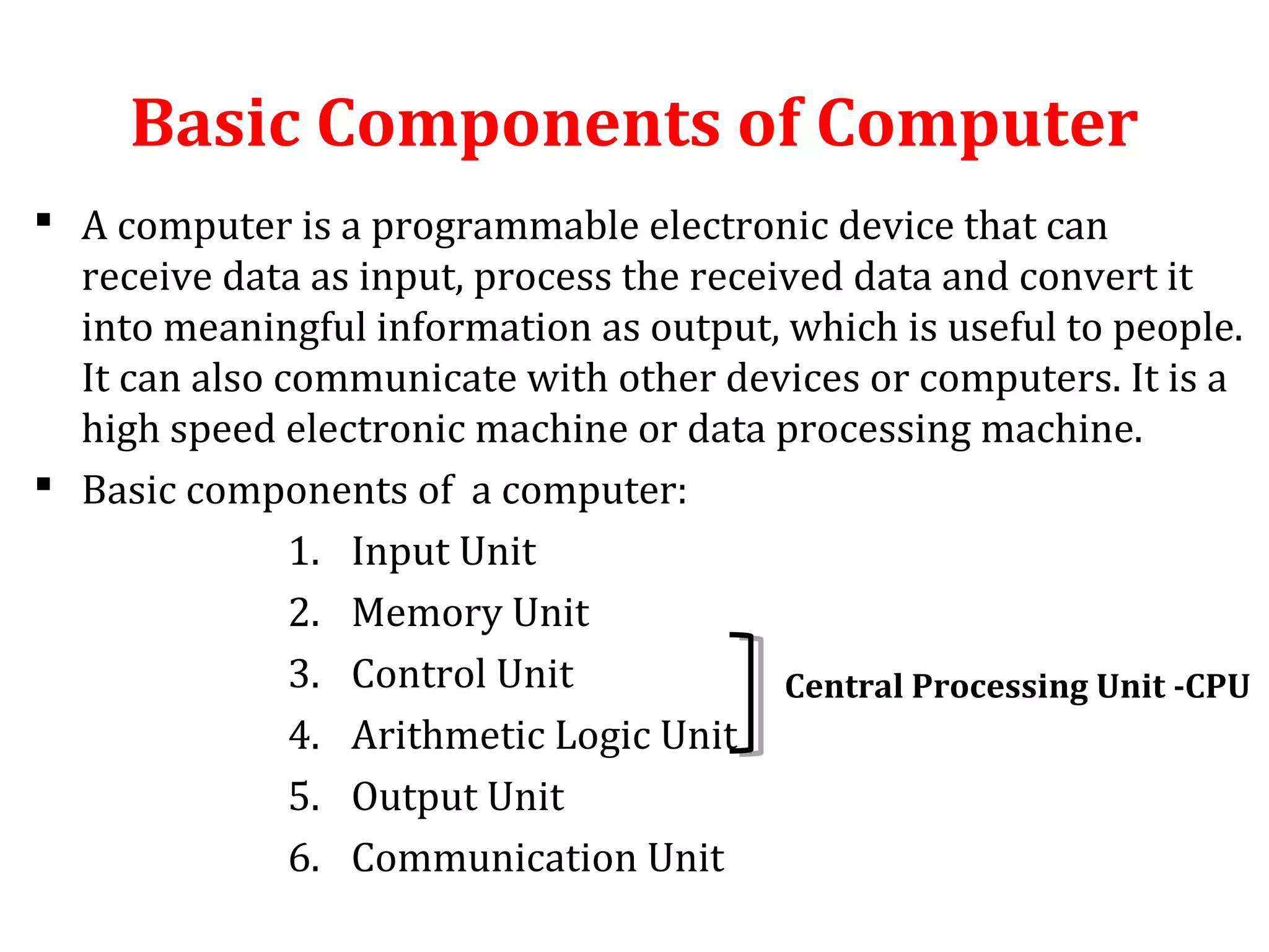 Basic Components of Computer 
 A computer is a programmable electronic device that can 
receive data as input, process the received data and convert it 
into meaningful information as output, which is useful to people. 
It can also communicate with other devices or computers. It is a 
high speed electronic machine or data processing machine. 
 Basic components of a computer: 
1. Input Unit 
2. Memory Unit 
3. Control Unit 
4. Arithmetic Logic Unit 
5. Output Unit 
6. Communication Unit 
Central Processing Unit -CPU 
 