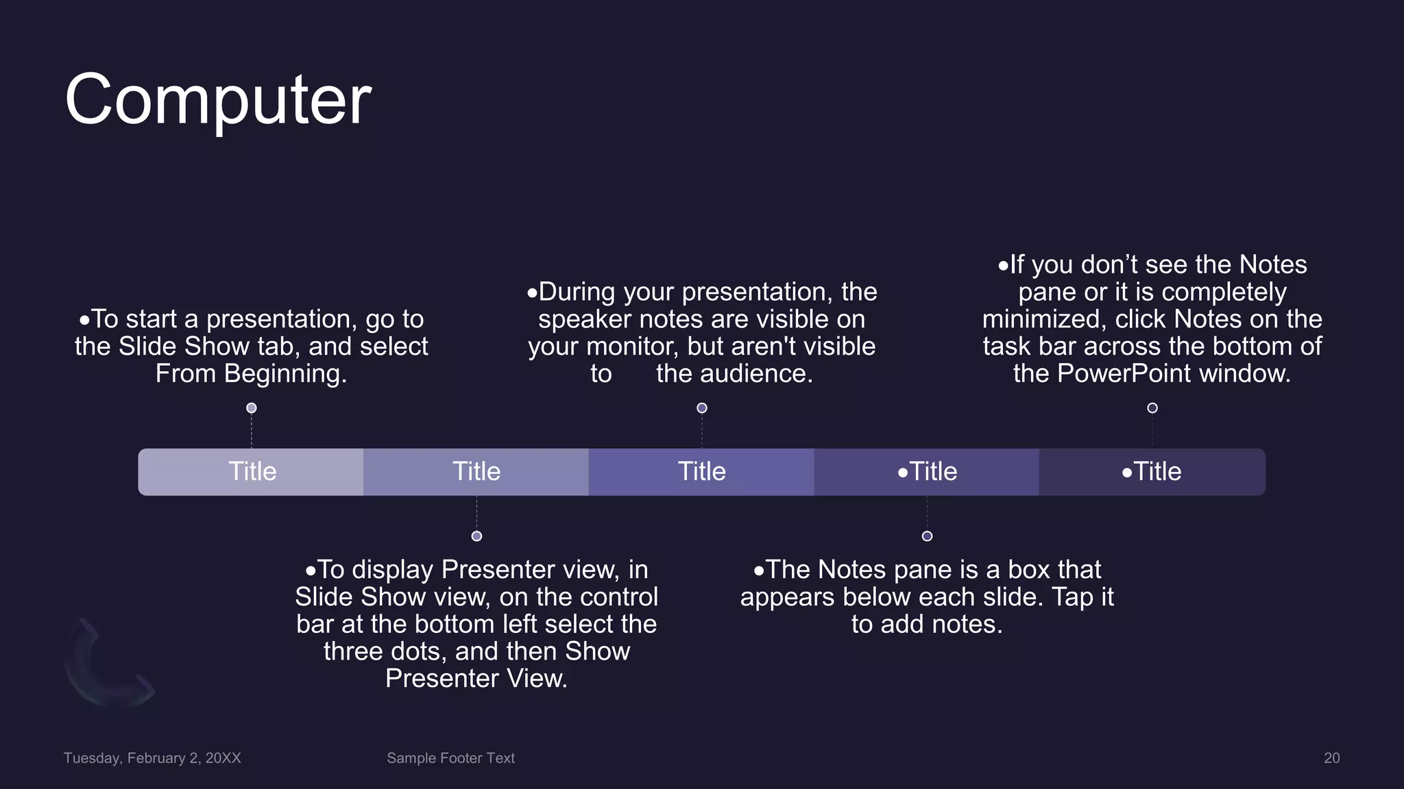 Computer
Title
To start a presentation, go to
the Slide Show tab, and select
From Beginning.
Title
To display Presenter view, in
Slide Show view, on the control
bar at the bottom left select the
three dots, and then Show
Presenter View.
Title
During your presentation, the
speaker notes are visible on
your monitor, but aren't visible
to the audience.
Title
The Notes pane is a box that
appears below each slide. Tap it
to add notes.
Title
If you don’t see the Notes
pane or it is completely
minimized, click Notes on the
task bar across the bottom of
the PowerPoint window.
 