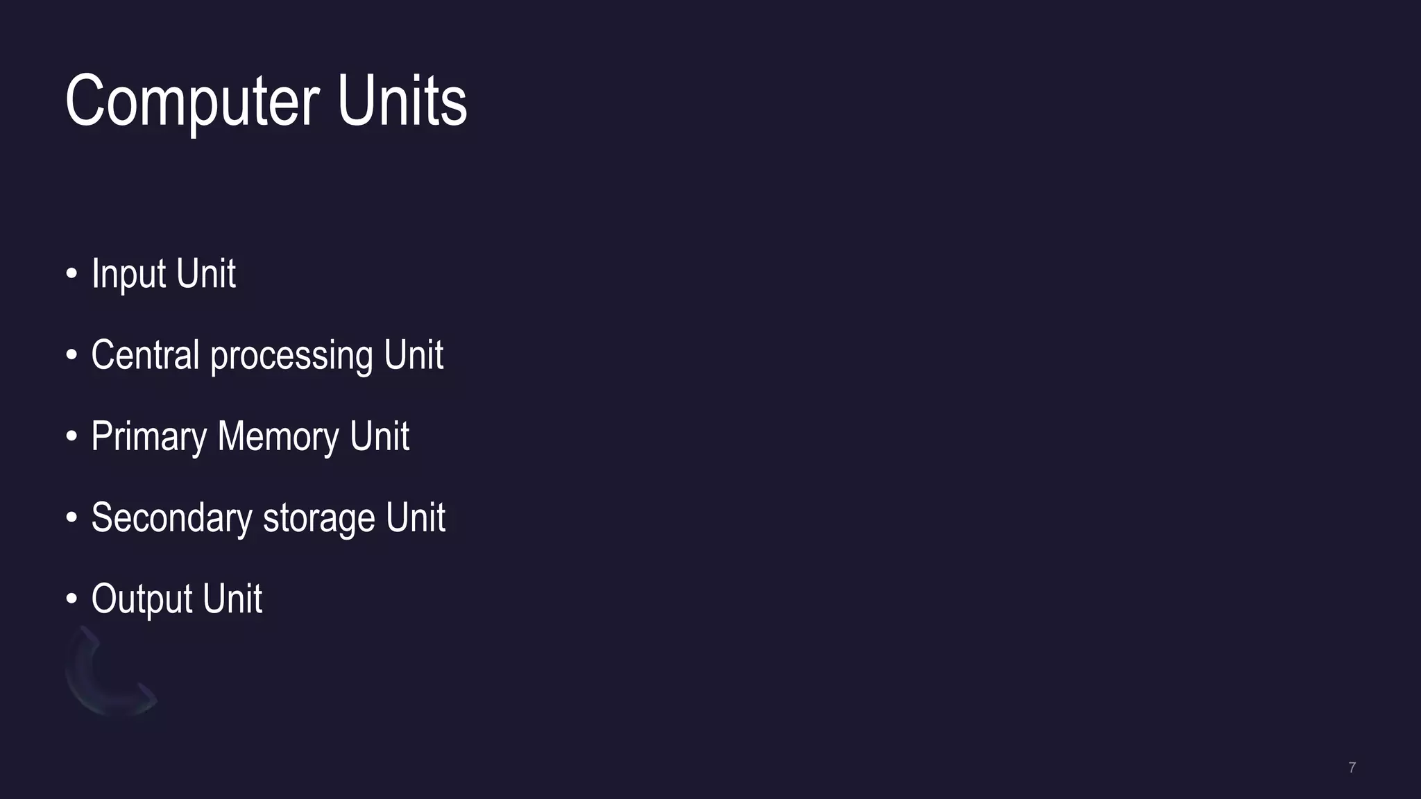 Computer Units
• Input Unit
• Central processing Unit
• Primary Memory Unit
• Secondary storage Unit
• Output Unit
 