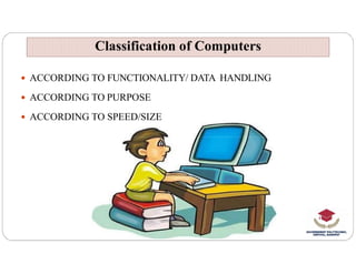  ACCORDING TO FUNCTIONALITY/ DATA HANDLING
 ACCORDING TO PURPOSE
 ACCORDING TO SPEED/SIZE
Classification of Computers
Classification of Computers
 