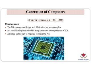 4.Fourth Generation (1971-1980)
Disadvantages:
 The Microprocessor design and fabrication are very complex.
 Air conditioning is required in many cases due to the presence of ICs.
 Advance technology is required to make the ICs.
Generation of Computers
Generation of Computers
 