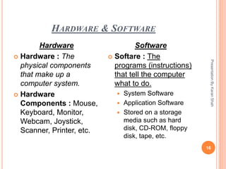 HARDWARE & SOFTWARE
PresentationByKaranShah
16
Hardware
 Hardware : The
physical components
that make up a
computer system.
 Hardware
Components : Mouse,
Keyboard, Monitor,
Webcam, Joystick,
Scanner, Printer, etc.
Software
 Softare : The
programs (instructions)
that tell the computer
what to do.
 System Software
 Application Software
 Stored on a storage
media such as hard
disk, CD-ROM, floppy
disk, tape, etc.
 
