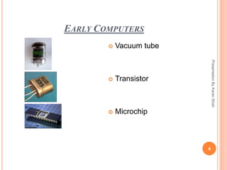 EARLY COMPUTERS
PresentationByKaranShah
4
 Vacuum tube
 Transistor
 Microchip
 