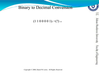 Binary to Decimal Conversion
Copyright © 2000, Daniel W. Lewis. All Rights Reserved.
(1 1 0 0 0 0 1)2 =(?) 10
 