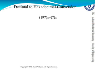 Decimal to Hexadecimal Conversion
Copyright © 2000, Daniel W. Lewis. All Rights Reserved.
(197)10=(?)16
 