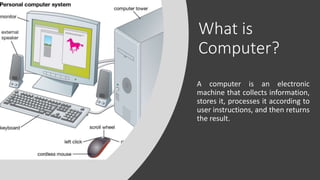 What is
Computer?
A computer is an electronic
machine that collects information,
stores it, processes it according to
user...