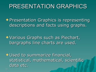 PRESENTATION GRAPHICS Presentation Graphics is representing descriptions and facts using graphs. Various Graphs such as Piechart, bargraphs line charts are used.  Used to summarize financial, statistical, mathematical, scientific data etc. 