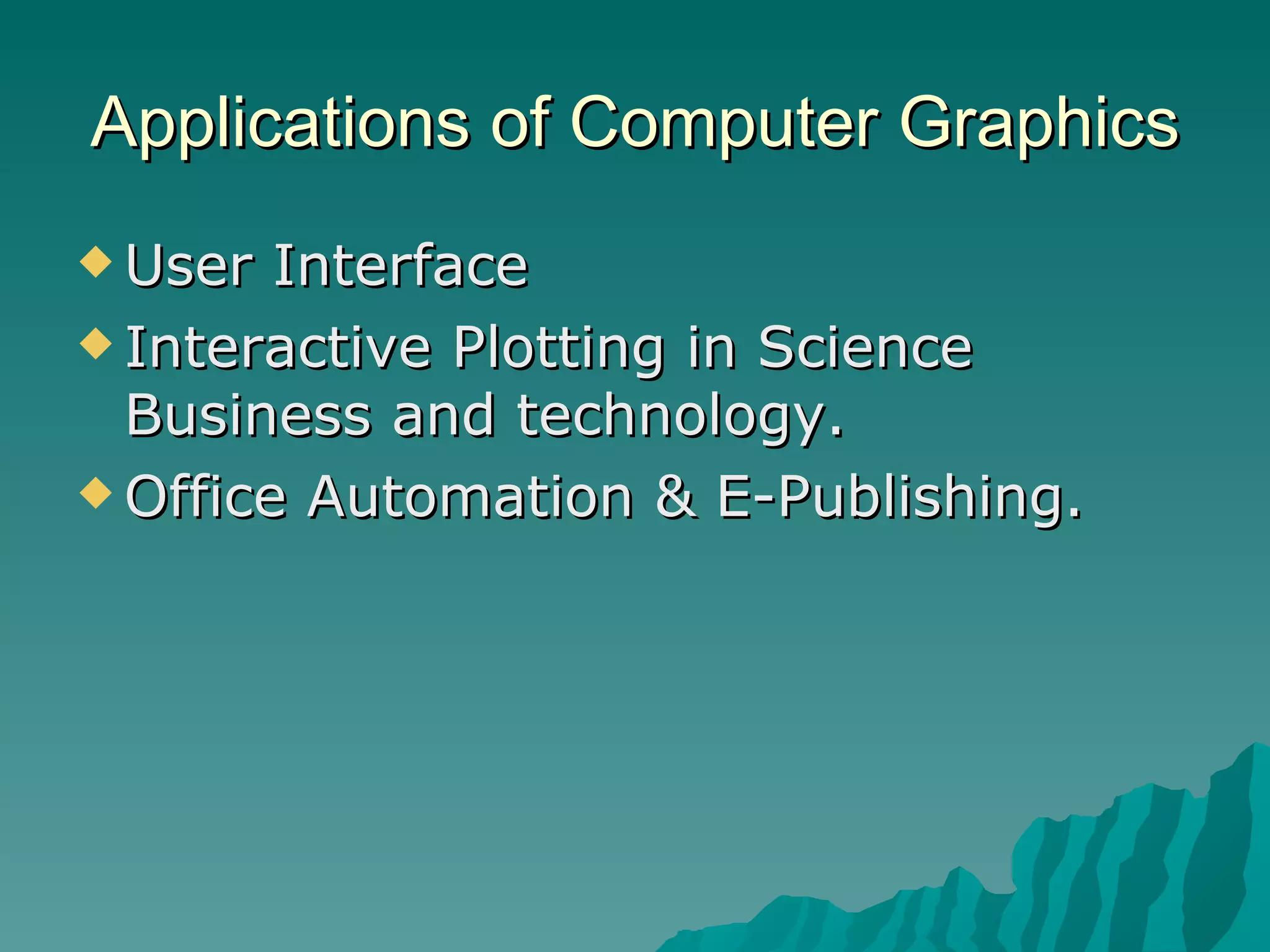 Applications of Computer Graphics User Interface Interactive Plotting in Science Business and technology. Office Automation & E-Publishing. 