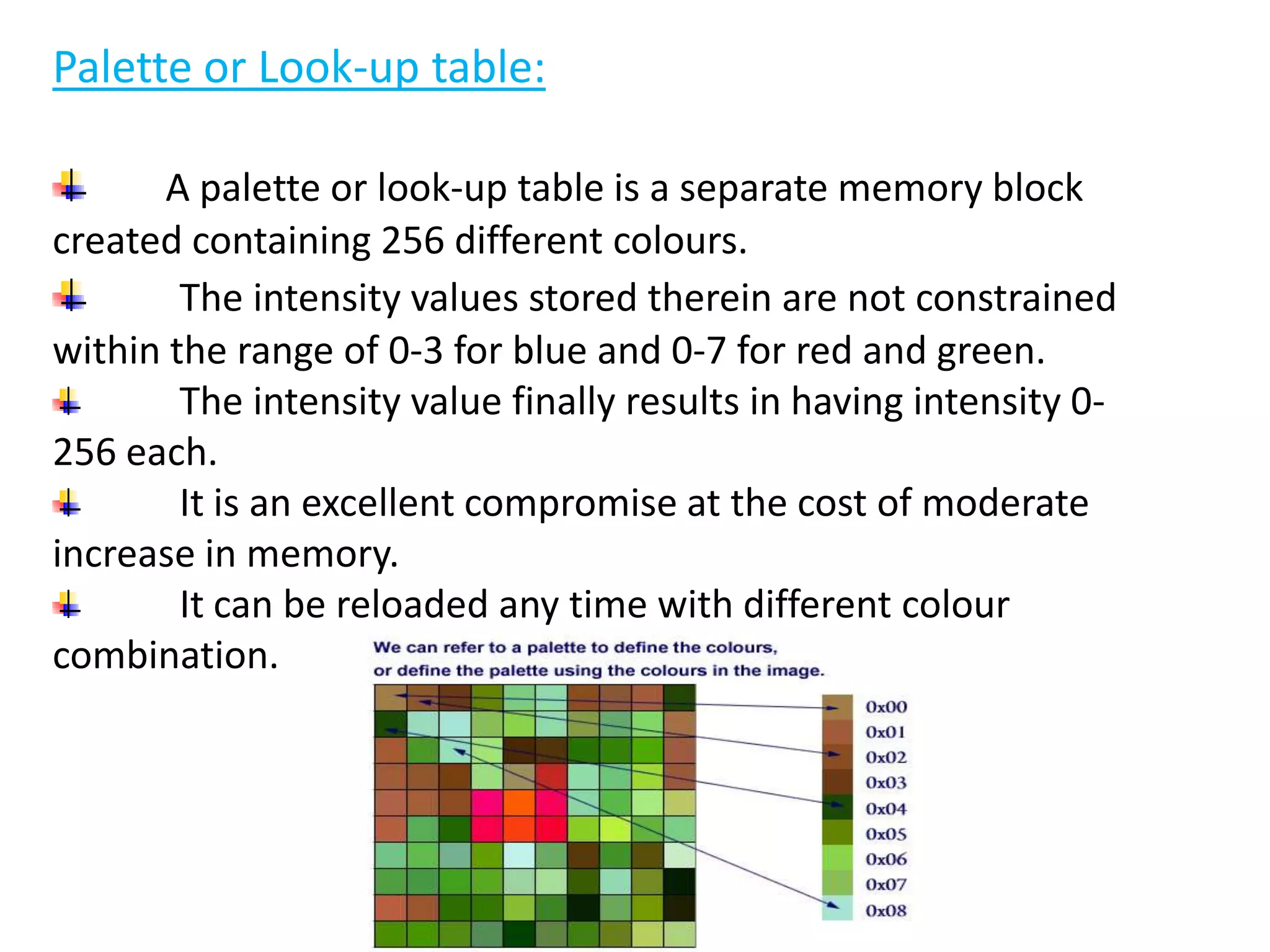 Palette or Look-up table:
A palette or look-up table is a separate memory block
created containing 256 different colours.
The intensity values stored therein are not constrained
within the range of 0-3 for blue and 0-7 for red and green.
The intensity value finally results in having intensity 0-
256 each.
It is an excellent compromise at the cost of moderate
increase in memory.
It can be reloaded any time with different colour
combination.
 