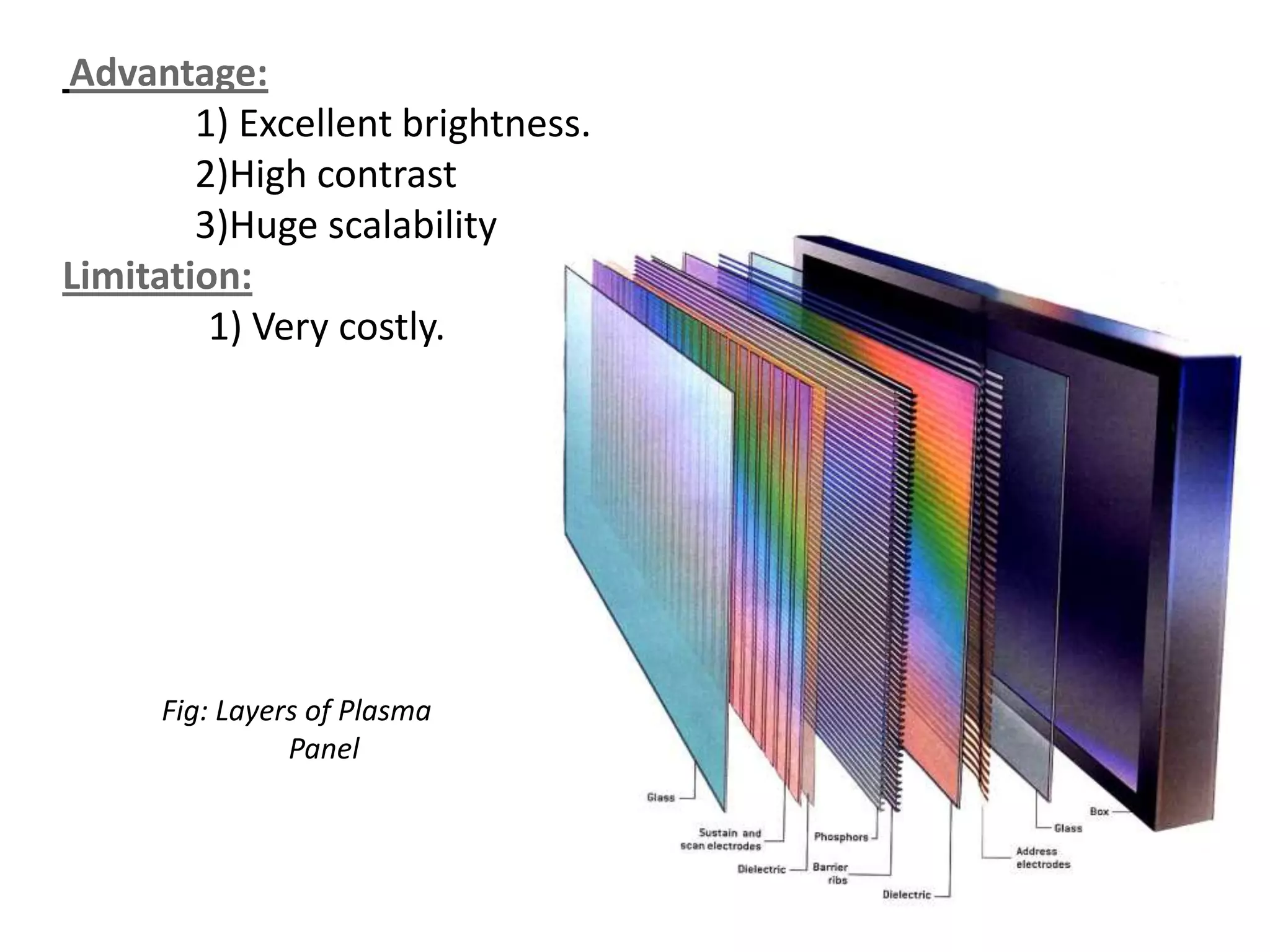 Advantage:
1) Excellent brightness.
2)High contrast
3)Huge scalability
Limitation:
1) Very costly.
Fig: Layers of Plasma
Panel
 