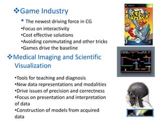 Game Industry
• The newest driving force in CG
•Focus on interactivity
•Cost effective solutions
•Avoiding commutating and other tricks
•Games drive the baseline
Medical Imaging and Scientific
Visualization
•Tools for teaching and diagnosis
•New data representations and modalities
•Drive issues of precision and correctness
•Focus on presentation and interpretation
of data
•Construction of models from acquired
data
 