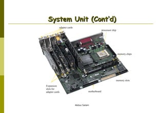 System Unit (Cont’d)
adapter cards

processor chip

memory chips

memory slots
Expansion
slots for
adapter cards

motherboard

Abdus Salam

 