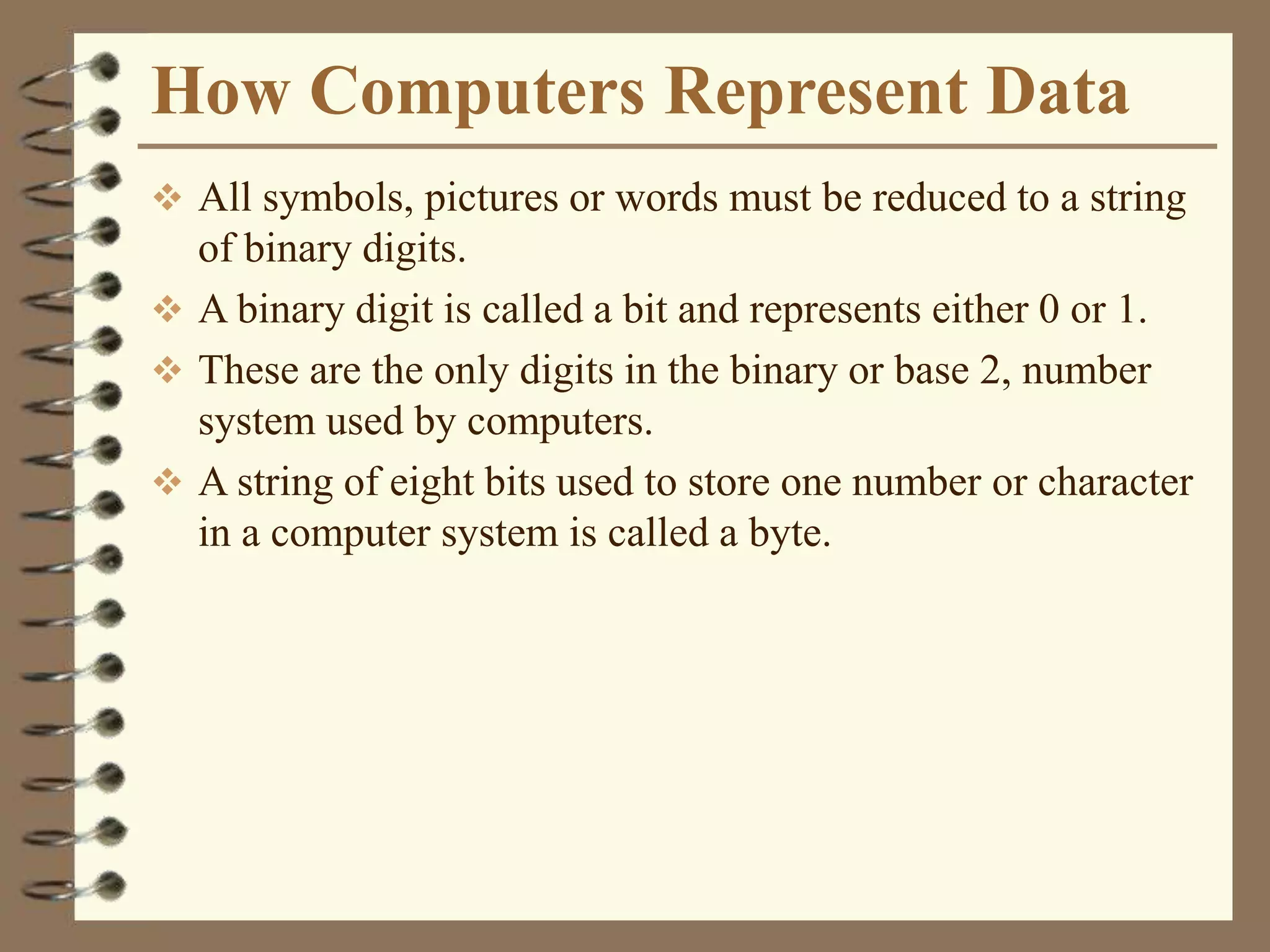 How Computers Represent Data
 All symbols, pictures or words must be reduced to a string
of binary digits.
 A binary digit is called a bit and represents either 0 or 1.
 These are the only digits in the binary or base 2, number
system used by computers.
 A string of eight bits used to store one number or character
in a computer system is called a byte.
 