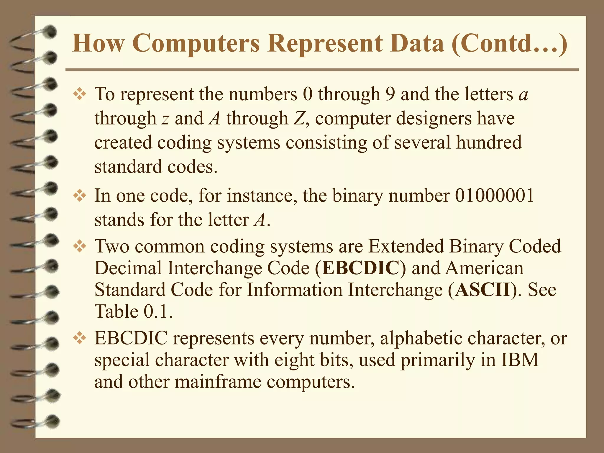 How Computers Represent Data (Contd…)
 To represent the numbers 0 through 9 and the letters a
through z and A through Z, computer designers have
created coding systems consisting of several hundred
standard codes.
 In one code, for instance, the binary number 01000001
stands for the letter A.
 Two common coding systems are Extended Binary Coded
Decimal Interchange Code (EBCDIC) and American
Standard Code for Information Interchange (ASCII). See
Table 0.1.
 EBCDIC represents every number, alphabetic character, or
special character with eight bits, used primarily in IBM
and other mainframe computers.
 