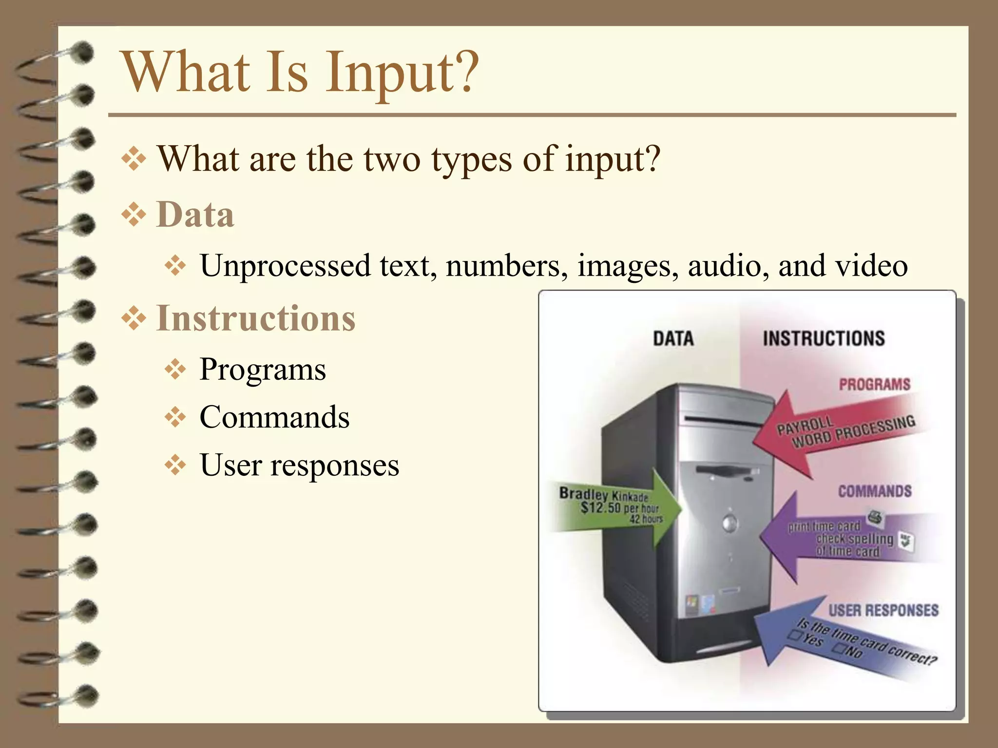 What Is Input?
 What are the two types of input?
 Data
 Unprocessed text, numbers, images, audio, and video
 Instructions
 Programs
 Commands
 User responses
 
