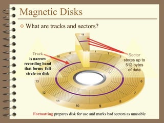 Magnetic Disks
 What are tracks and sectors?
Track
is narrow
recording band
that forms full
circle on disk
Sector
stores up to
512 bytes
of data
Formatting prepares disk for use and marks bad sectors as unusable
 