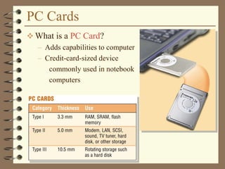 PC Cards
 What is a PC Card?
– Adds capabilities to computer
– Credit-card-sized device
commonly used in notebook
computers
 