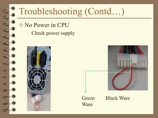 Troubleshooting (Contd…)
 No Power in CPU
– Check power supply
Green
Ware
Black Ware
 