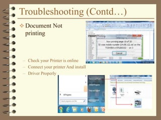 Troubleshooting (Contd…)
 Document Not
printing
– Check your Printer is online
– Connect your printer And install
– Driver Properly
 