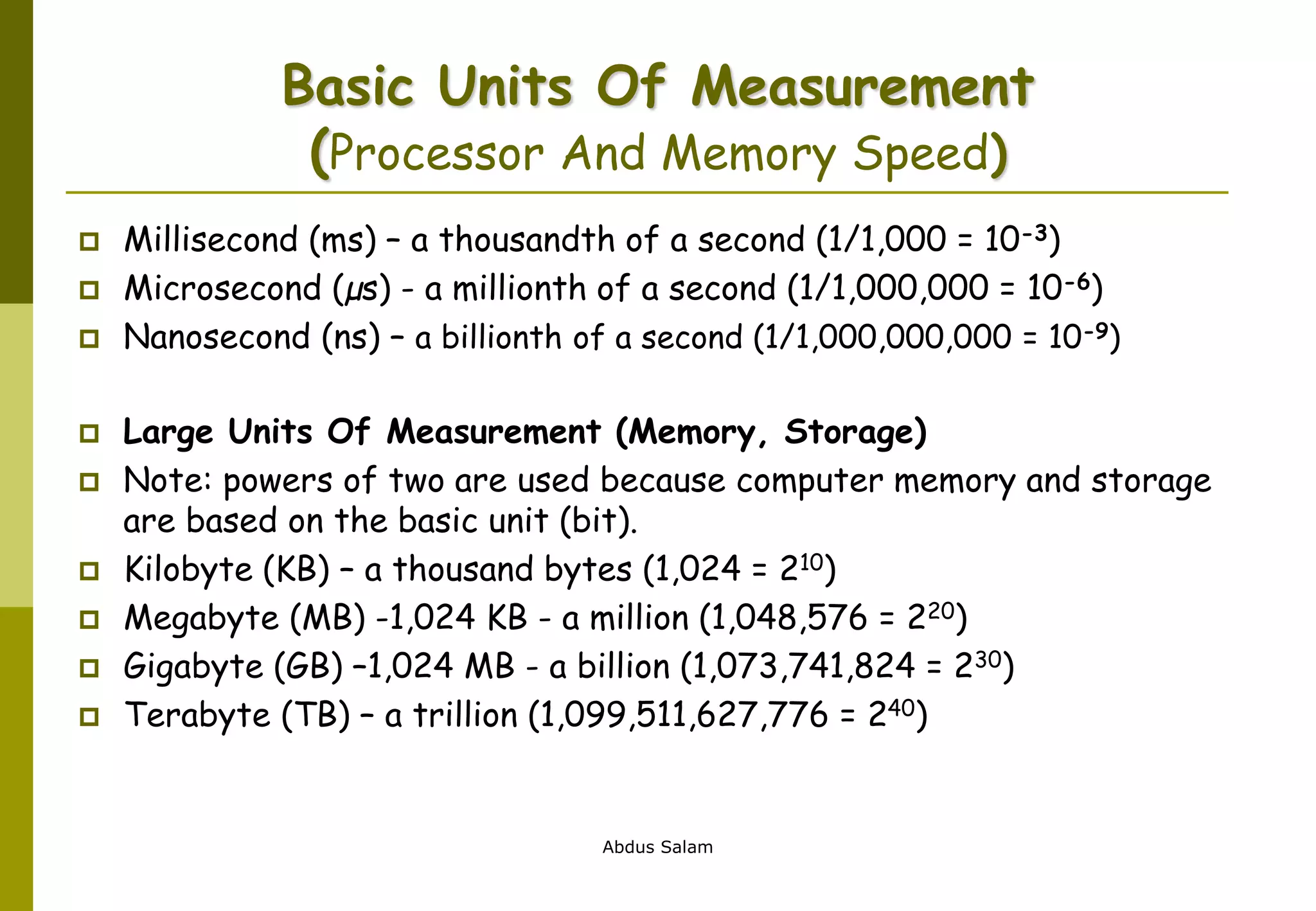 Abdus Salam
Basic Units Of Measurement
(Processor And Memory Speed)
 Millisecond (ms) – a thousandth of a second (1/1,000 = 10-3)
 Microsecond (µs) - a millionth of a second (1/1,000,000 = 10-6)
 Nanosecond (ns) – a billionth of a second (1/1,000,000,000 = 10-9)
 Large Units Of Measurement (Memory, Storage)
 Note: powers of two are used because computer memory and storage
are based on the basic unit (bit).
 Kilobyte (KB) – a thousand bytes (1,024 = 210)
 Megabyte (MB) -1,024 KB - a million (1,048,576 = 220)
 Gigabyte (GB) –1,024 MB - a billion (1,073,741,824 = 230)
 Terabyte (TB) – a trillion (1,099,511,627,776 = 240)
 