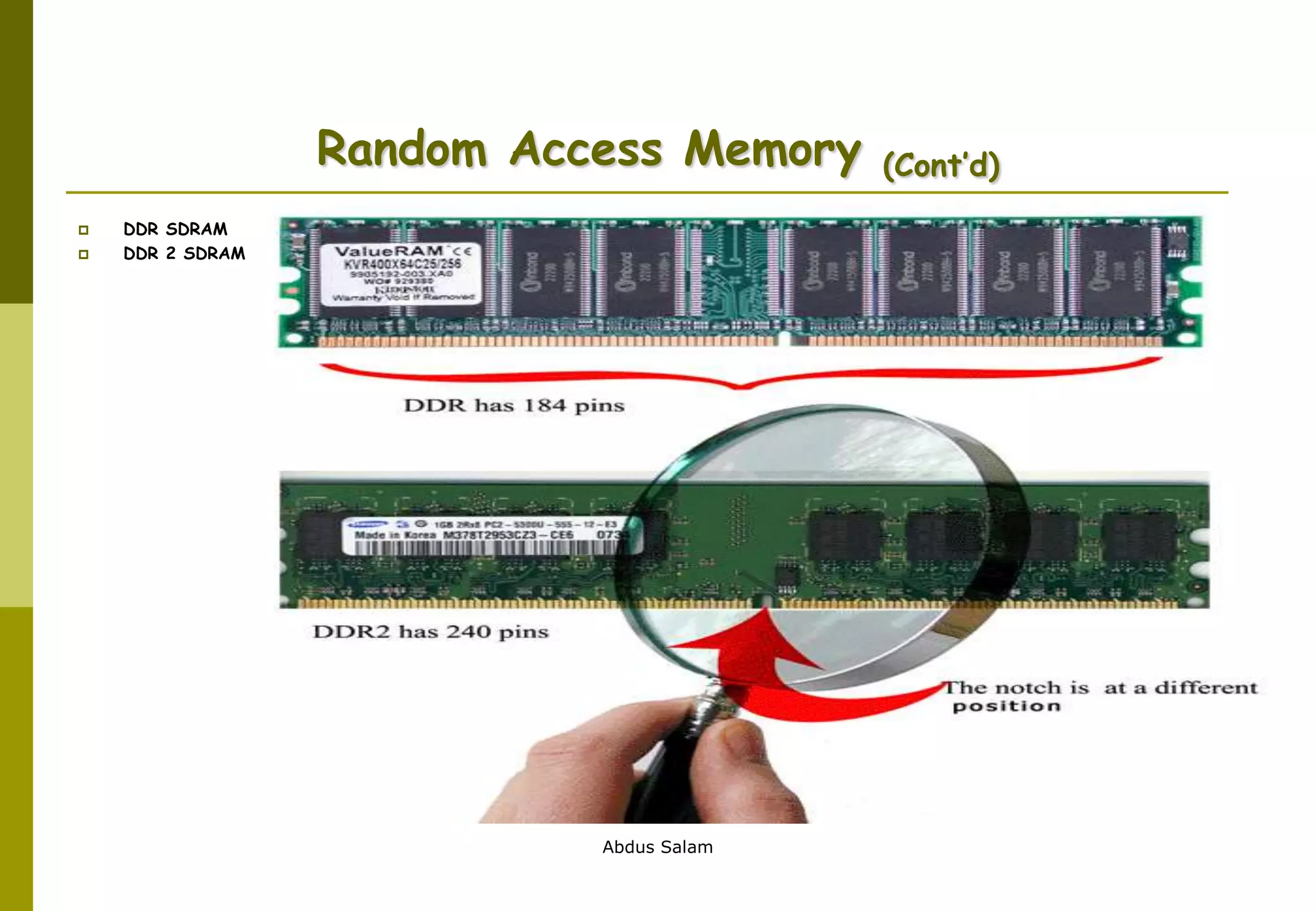 Abdus Salam
Random Access Memory (Cont’d)
 DDR SDRAM
 DDR 2 SDRAM
 
