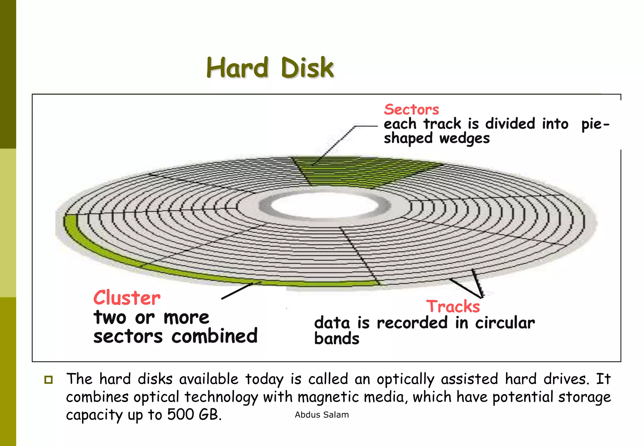 Abdus Salam
Hard Disk
Sectors
each track is divided into pie-
shaped wedges
Cluster
two or more
sectors combined
Tracks
data is recorded in circular
bands
 The hard disks available today is called an optically assisted hard drives. It
combines optical technology with magnetic media, which have potential storage
capacity up to 500 GB.
 