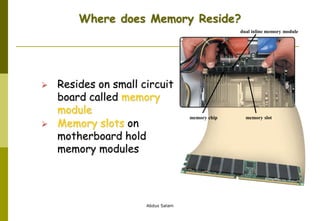 Abdus Salam
Where does Memory Reside?
 Resides on small circuit
board called memory
module
 Memory slots on
motherboard hold
memory modules
memory chip memory slot
dual inline memory module
 