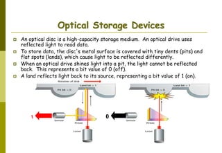 AbduSalam 36
Optical Storage Devices
 An optical disc is a high-capacity storage medium. An optical drive uses
reflected light to read data.
 To store data, the disc's metal surface is covered with tiny dents (pits) and
flat spots (lands), which cause light to be reflected differently.
 When an optical drive shines light into a pit, the light cannot be reflected
back. This represents a bit value of 0 (off).
 A land reflects light back to its source, representing a bit value of 1 (on).
01
 