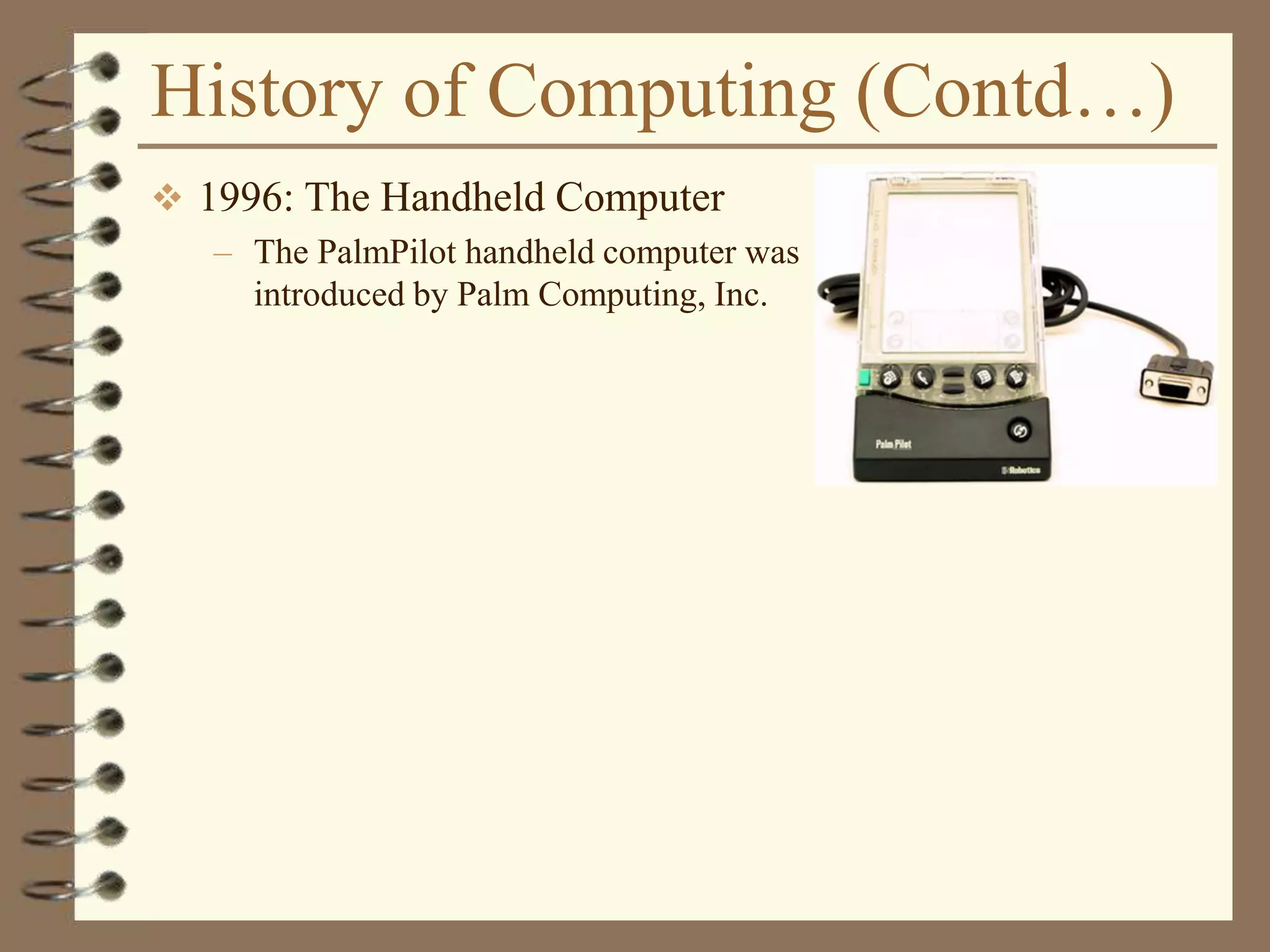 History of Computing (Contd…)
 1996: The Handheld Computer
– The PalmPilot handheld computer was
introduced by Palm Computing, Inc.
 