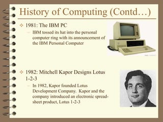 History of Computing (Contd…)
 1981: The IBM PC
– IBM tossed its hat into the personal
computer ring with its announcement of
the IBM Personal Computer
 1982: Mitchell Kapor Designs Lotus
1-2-3
– In 1982, Kapor founded Lotus
Development Company. Kapor and the
company introduced an electronic spread-
sheet product, Lotus 1-2-3
 