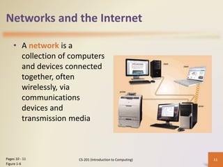 Networks and the Internet
• A network is a
collection of computers
and devices connected
together, often
wirelessly, via
communications
devices and
transmission media
CS-201 (Introduction to Computing) 11Pages 10 - 11
Figure 1-6
 