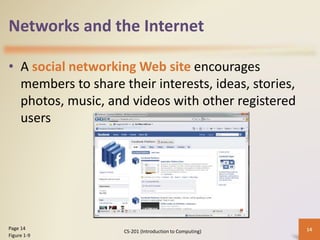 Networks and the Internet
• A social networking Web site encourages
members to share their interests, ideas, stories,
photos, music, and videos with other registered
users
CS-201 (Introduction to Computing) 14Page 14
Figure 1-9
 