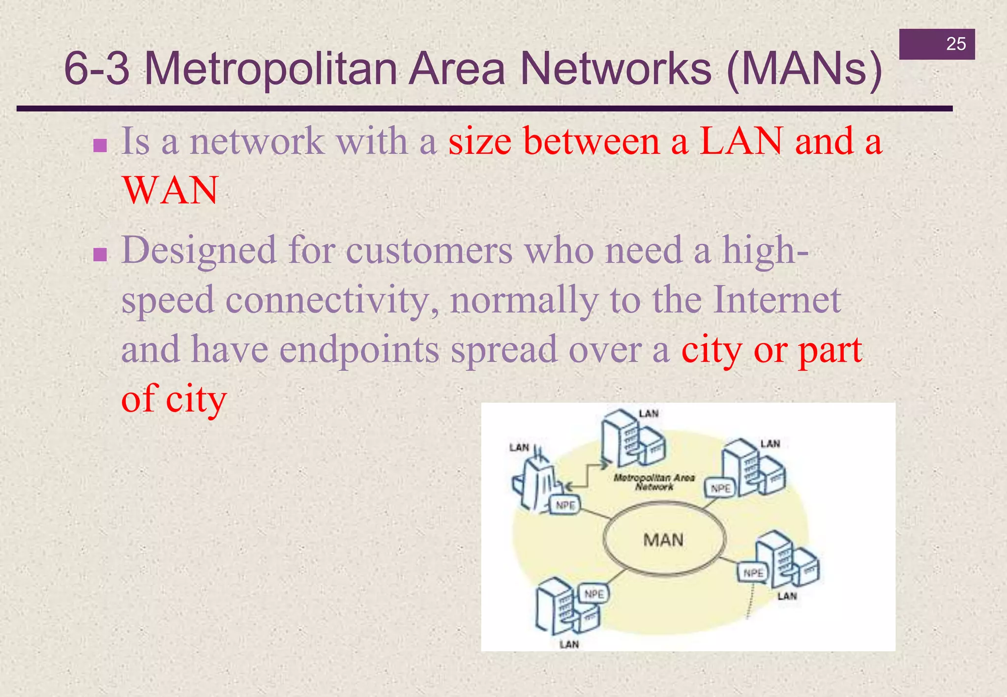 25
6-3 Metropolitan Area Networks (MANs)
 Is a network with a size between a LAN and a
WAN
 Designed for customers who need a high-
speed connectivity, normally to the Internet
and have endpoints spread over a city or part
of city
 