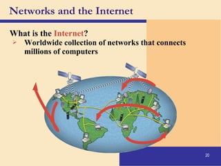 20
Networks and the Internet
What is the Internet?
 Worldwide collection of networks that connects
millions of computers
 